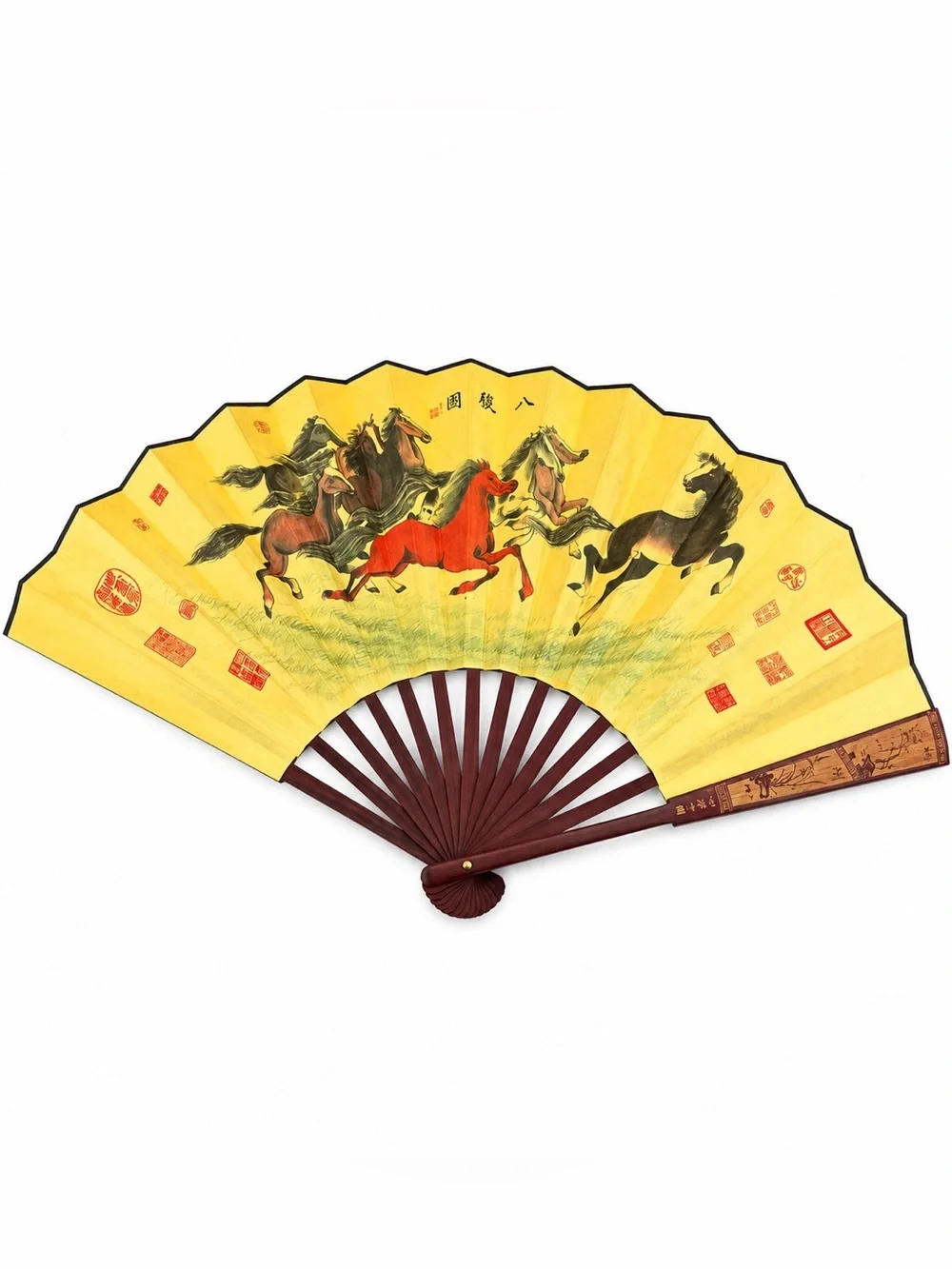 Vintage Chinese 8 Running Horses silk folding fan